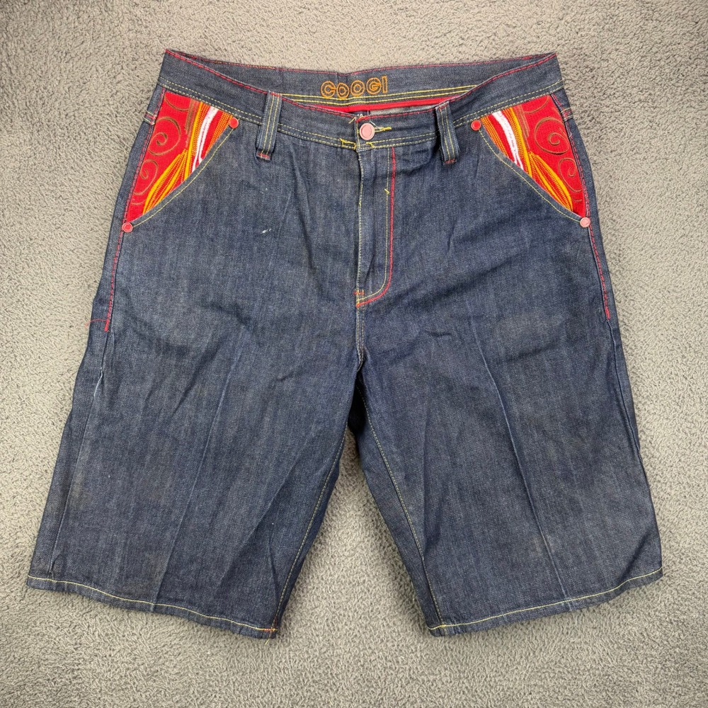 Coogi Mens Embroidered Denim Jean Shorts Blue Red Size 40 W40 Y2K Hip Hop Urban